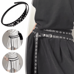 double circle pu leather belt for women thin studded punk waist belt