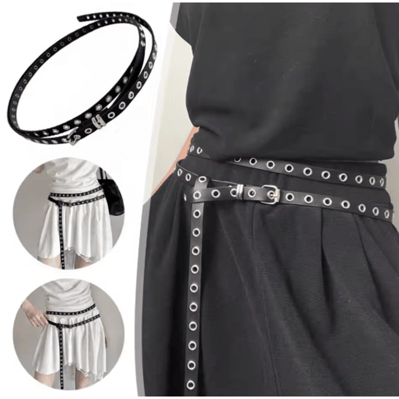 Double Circle PU Leather Belt For Women Thin Studded Punk Waist Belt 0
