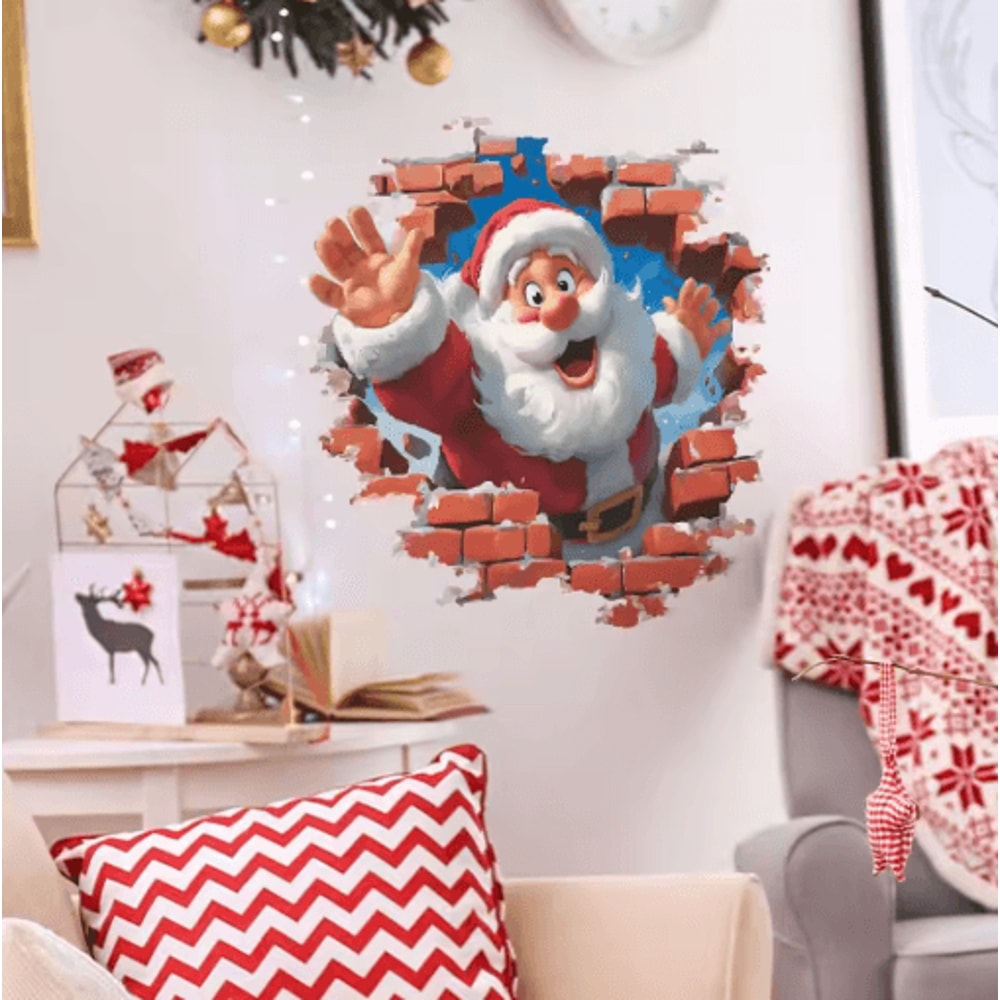 3D Christmas Santa Claus Wall Sticker Break Through Wall Holiday Decor Decal 7