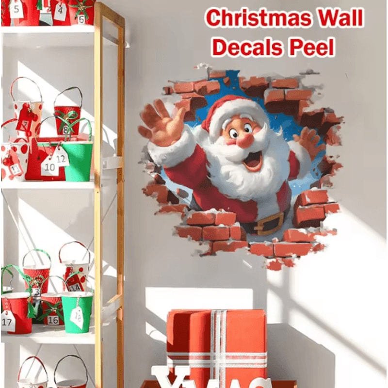 3D Christmas Santa Claus Wall Sticker Break Through Wall Holiday Decor Decal 0