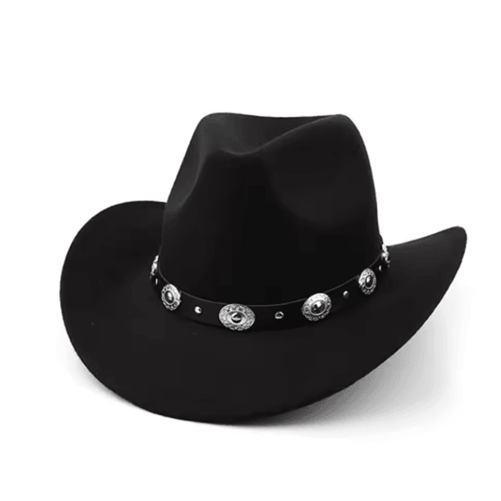 Womens Felt Western Cowboy Hat Studded Pinched Cowgirl Fedora With Wide Brim And Buckle Band 1