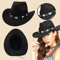 Womens Felt Western Cowboy Hat Studded Pinched Cowgirl Fedora With Wide Brim And Buckle Band 2