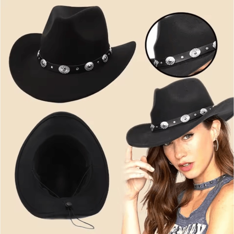 Womens Felt Western Cowboy Hat Studded Pinched Cowgirl Fedora With Wide Brim And Buckle Band 2