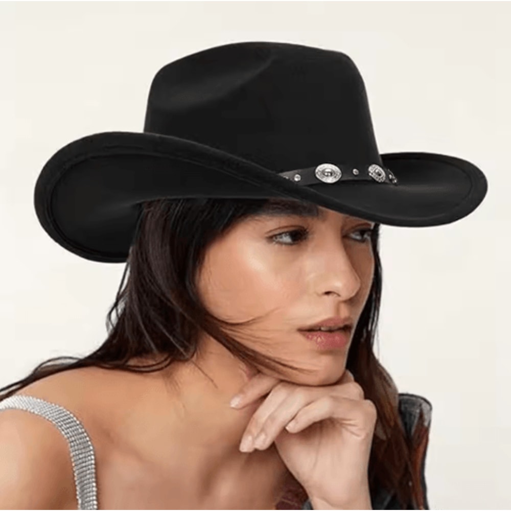 Womens Felt Western Cowboy Hat Studded Pinched Cowgirl Fedora With Wide Brim And Buckle Band 0