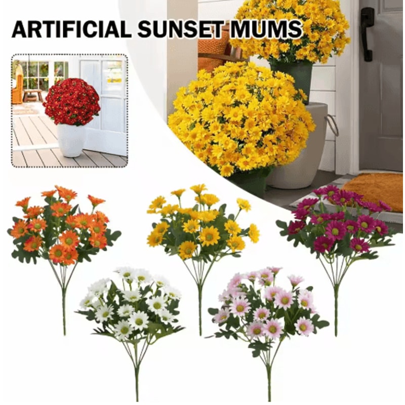 Artificial Sunset Mums Flowers Waterproof Fake Fall Flowers For Outdoor And Home Decor 5 Bundles 10