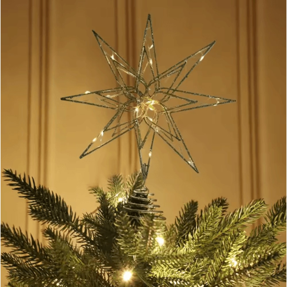 20 Light Christmas Star Tree Topper Pre Lit Multi Pointed Glitter Snowflake Treetop Decor 10