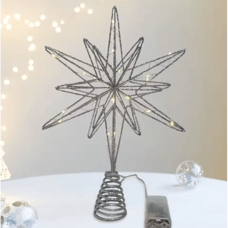 20 Light Christmas Star Tree Topper Pre Lit Multi Pointed Glitter Snowflake Treetop Decor 7