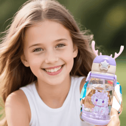 cartoon kids water bottle 500ml leak proof straw bottle with pop up spout for school and sports