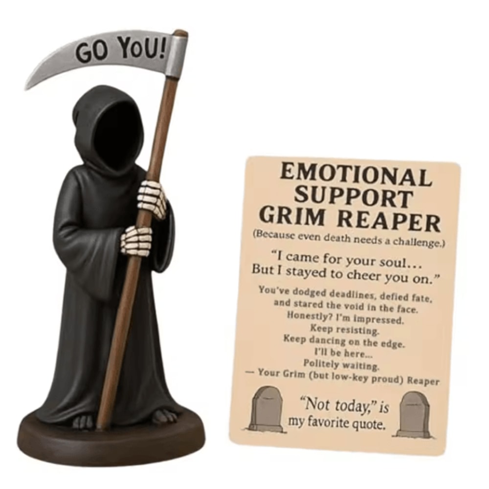 Emotional Support Grim Reaper Figurine Exhausted Gothic Desk Statue With Card 1