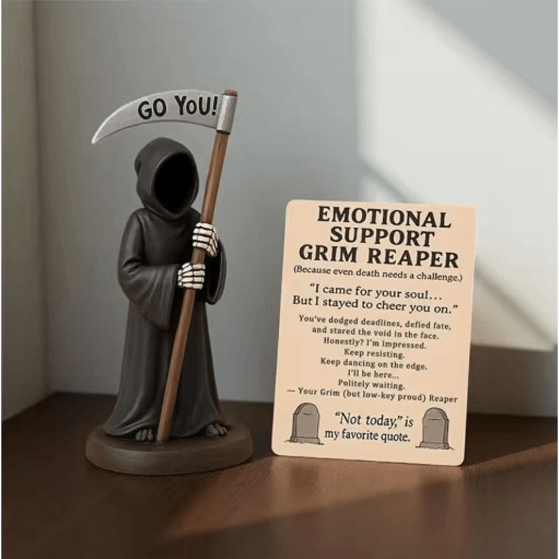 Emotional Support Grim Reaper Figurine Exhausted Gothic Desk Statue With Card 3
