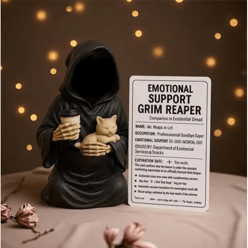Emotional Support Grim Reaper Figurine Exhausted Gothic Desk Statue With Card 6