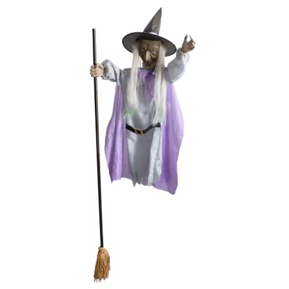 6FT Flying Witch Halloween Decoration Outdoor Hanging Witch With Light Up Eyes And Scary Sound 1