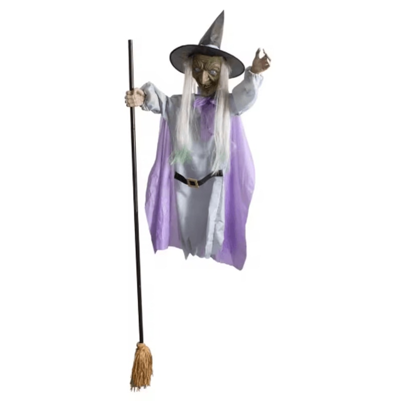 6FT Flying Witch Halloween Decoration Outdoor Hanging Witch With Light Up Eyes And Scary Sound 1