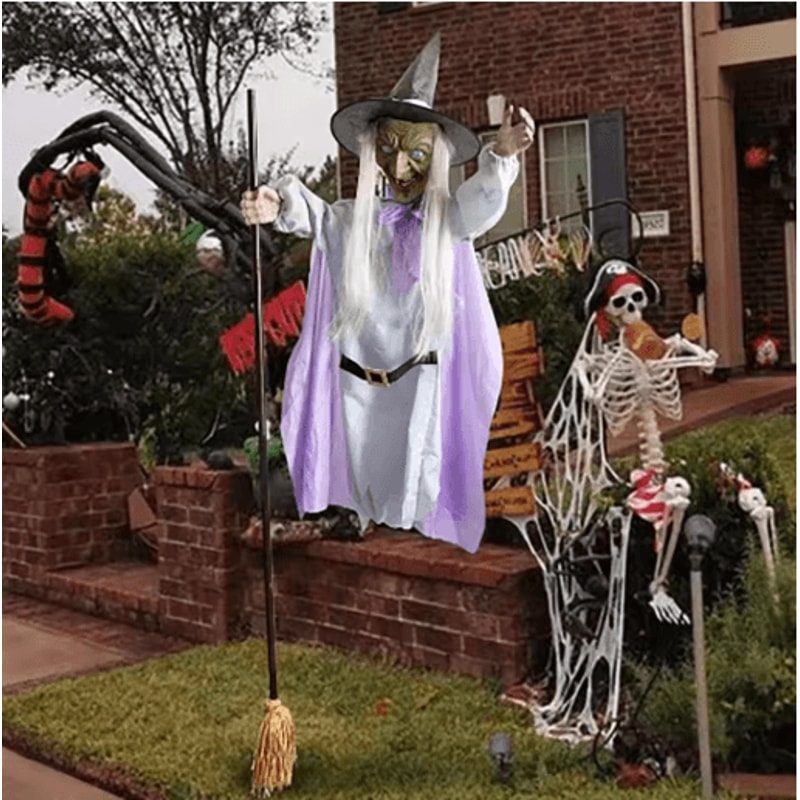 6FT Flying Witch Halloween Decoration Outdoor Hanging Witch With Light Up Eyes And Scary Sound 8