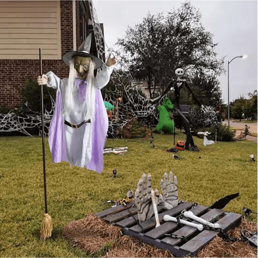 6FT Flying Witch Halloween Decoration Outdoor Hanging Witch With Light Up Eyes And Scary Sound 9