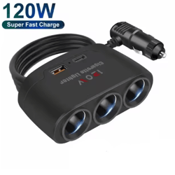 3 in 1 car cigarette lighter splitter dual usb 120w fast charger for 12v24v vehicles