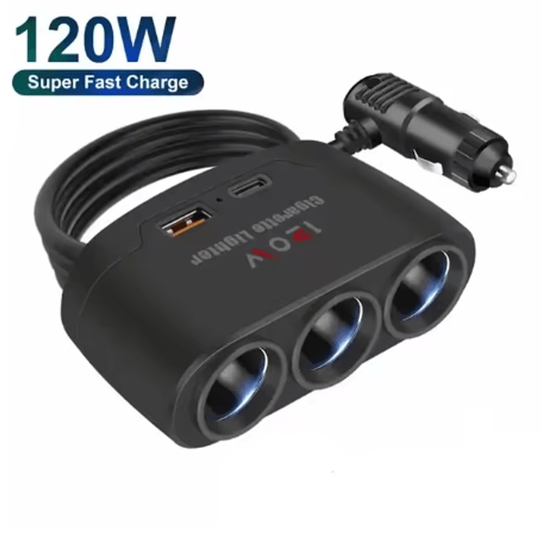 3 In 1 Car Cigarette Lighter Splitter Dual USB 120W Fast Charger For 12V24V Vehicles 0
