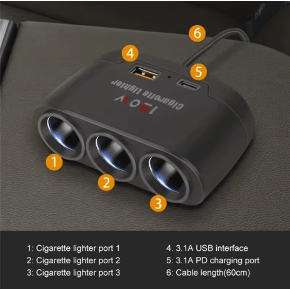 3 In 1 Car Cigarette Lighter Splitter Dual USB 120W Fast Charger For 12V24V Vehicles 2