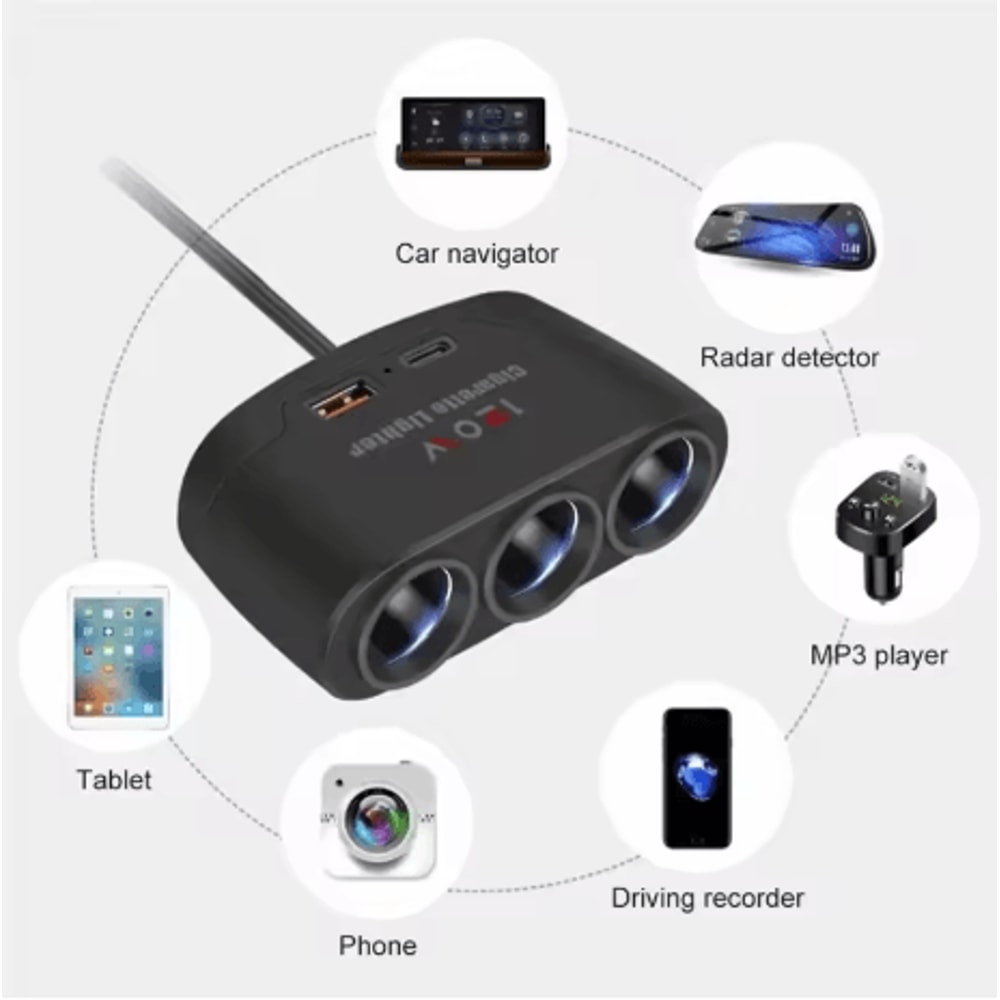 3 In 1 Car Cigarette Lighter Splitter Dual USB 120W Fast Charger For 12V24V Vehicles 4