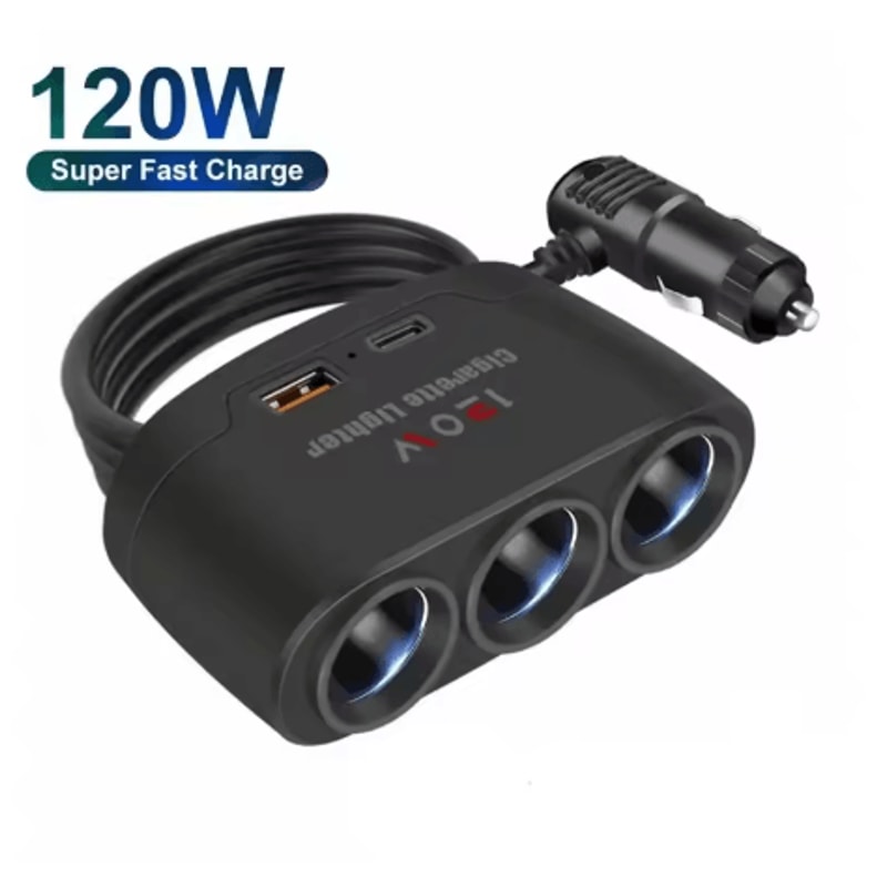 3 In 1 Car Cigarette Lighter Splitter Dual USB 120W Fast Charger For 12V24V Vehicles 6