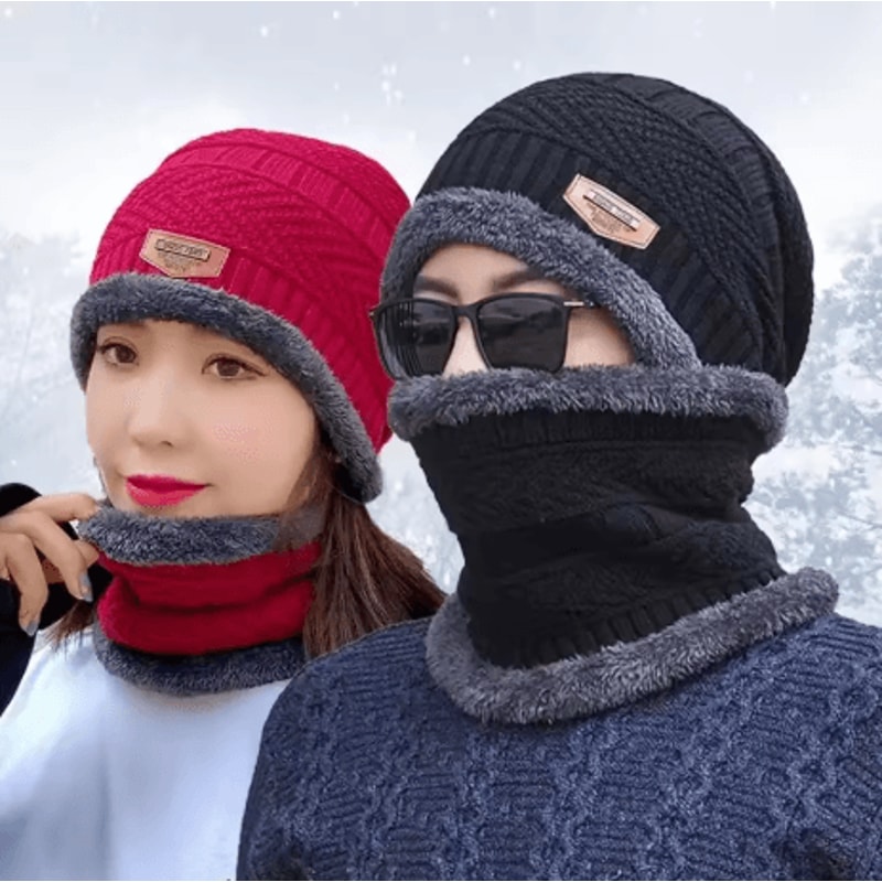 Winter Warm Scarf Hat Set Thick Knitted Beanie Wool Scarf For Men And Women 0