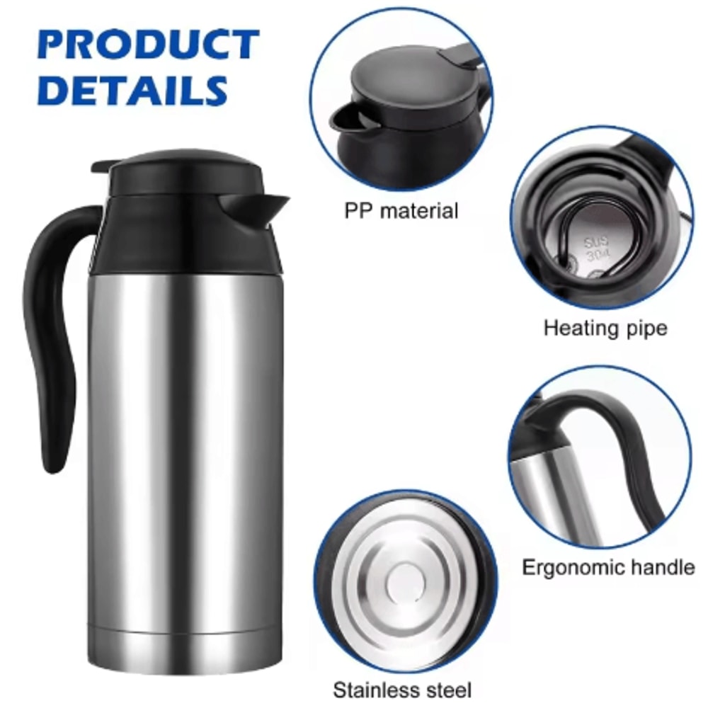 Car Thermos Kettle 750ML 12V 24V Electric Heating Cup Stainless Steel Travel Water Heater 4