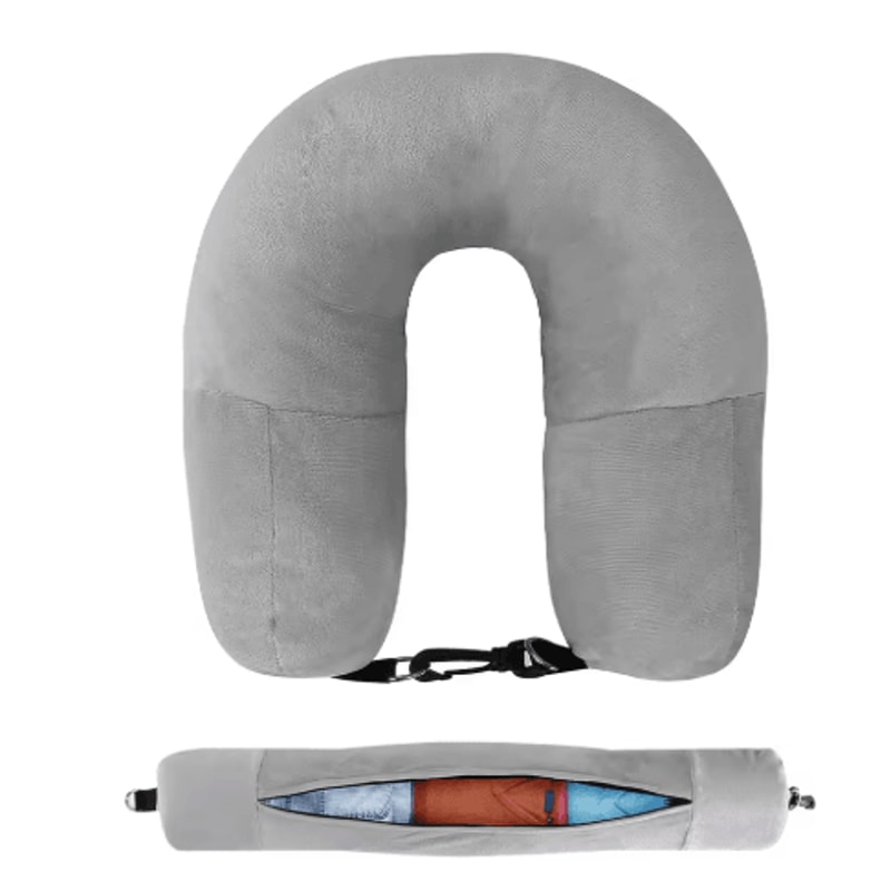 Fillable U Shaped Travel Neck Pillow Velvet Pillowcase With Extra Storage Bag For Airplane Travel 1