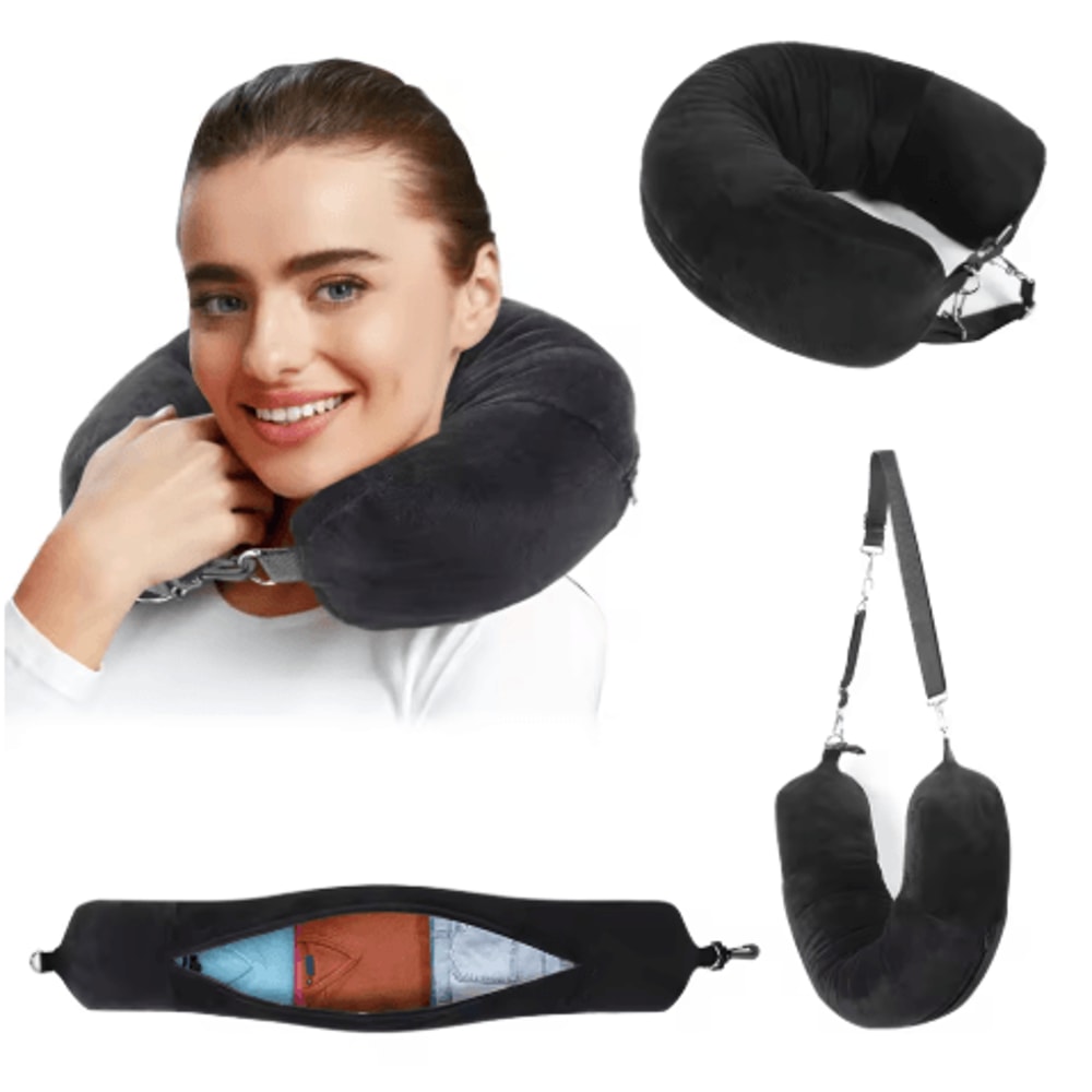 Fillable U Shaped Travel Neck Pillow Velvet Pillowcase With Extra Storage Bag For Airplane Travel 11