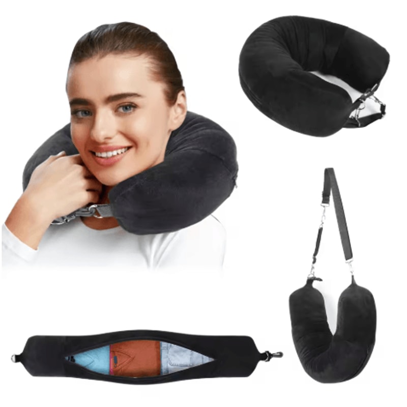 Fillable U Shaped Travel Neck Pillow Velvet Pillowcase With Extra Storage Bag For Airplane Travel 11