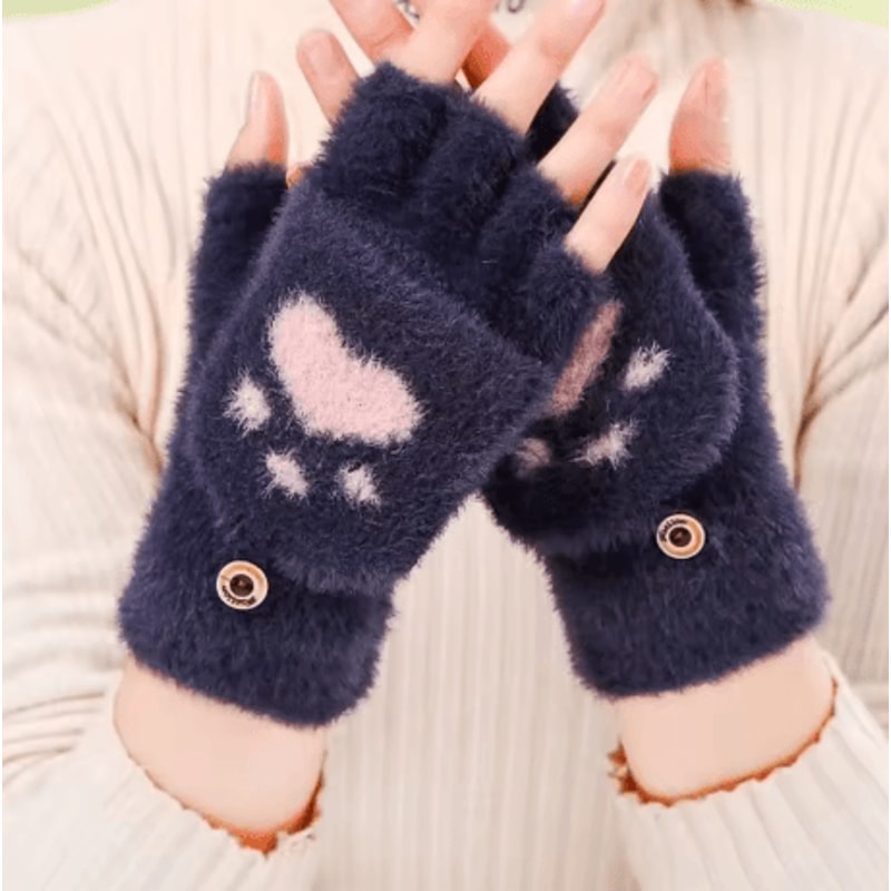 Womens Plush Cat Paw Mittens Thick Warm Fingerless Winter Gloves For Girls 4
