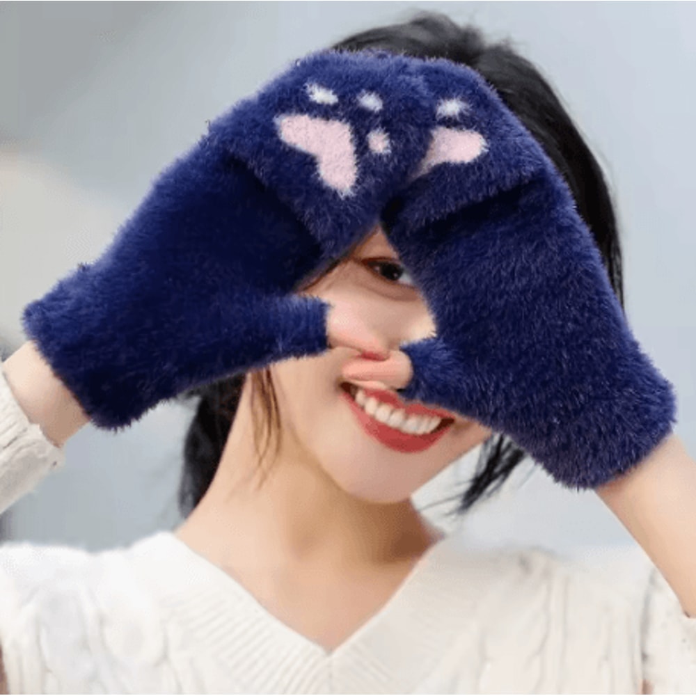 Womens Plush Cat Paw Mittens Thick Warm Fingerless Winter Gloves For Girls 6