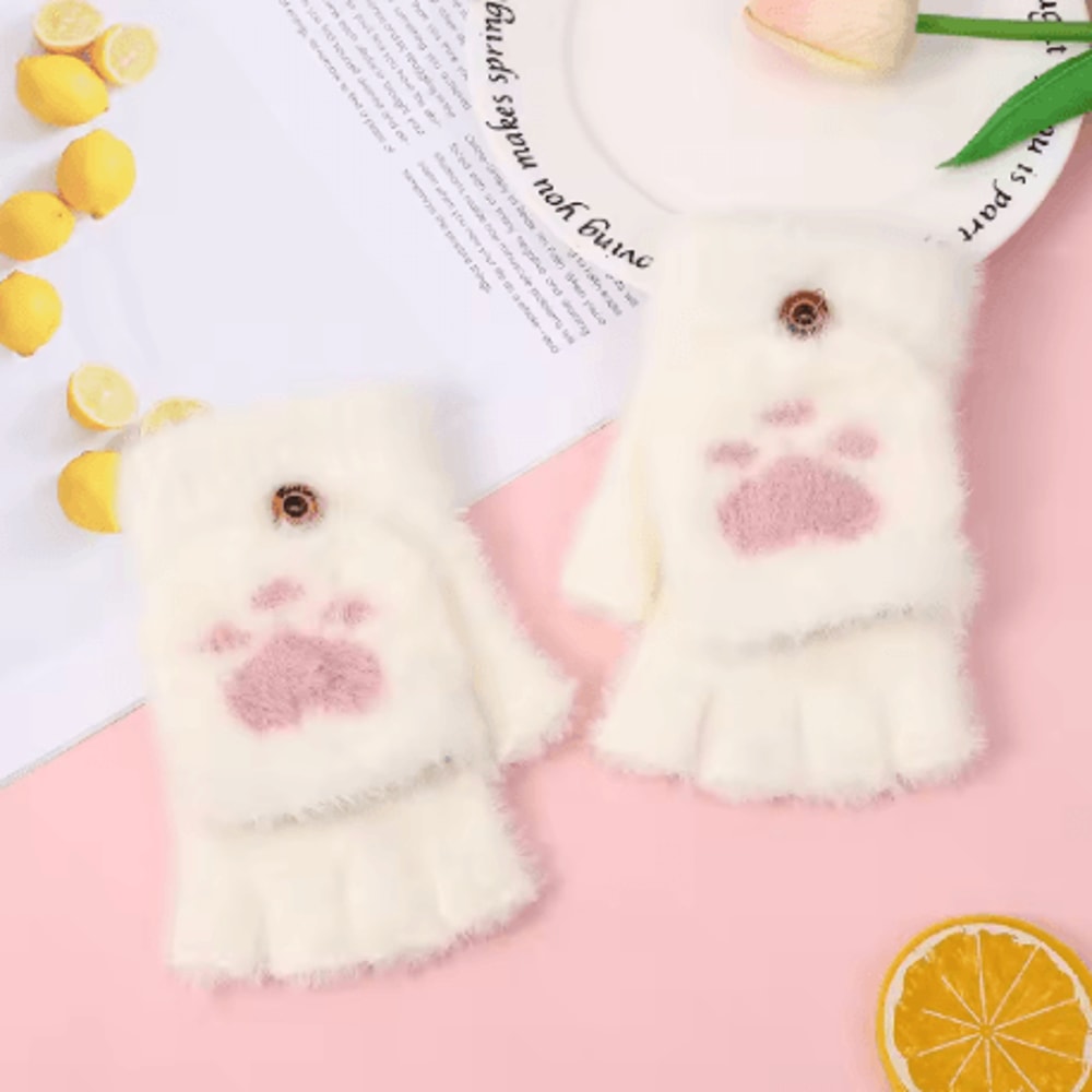 Womens Plush Cat Paw Mittens Thick Warm Fingerless Winter Gloves For Girls 7