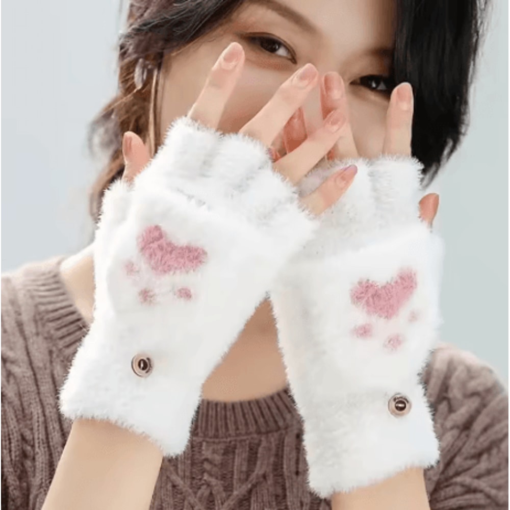 Womens Plush Cat Paw Mittens Thick Warm Fingerless Winter Gloves For Girls 0