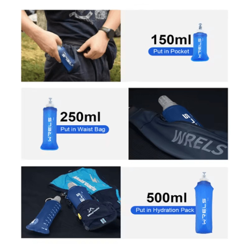 WRELS Soft Water Bottle Flask BPA Free Folding Hydration Bag For Running Cycling And Camping 12