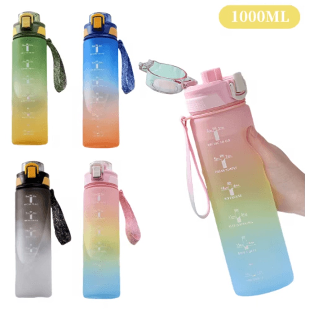 1000ml Gradient Sports Water Bottle Leak Proof Hydration Bottle With Time Marker And Hand Strap 0