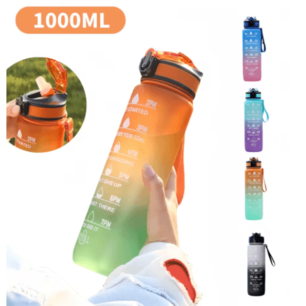 1000ml Gradient Motivational Sports Water Bottle Leak Proof Bottle With Bouncing Suction Nozzle For 0