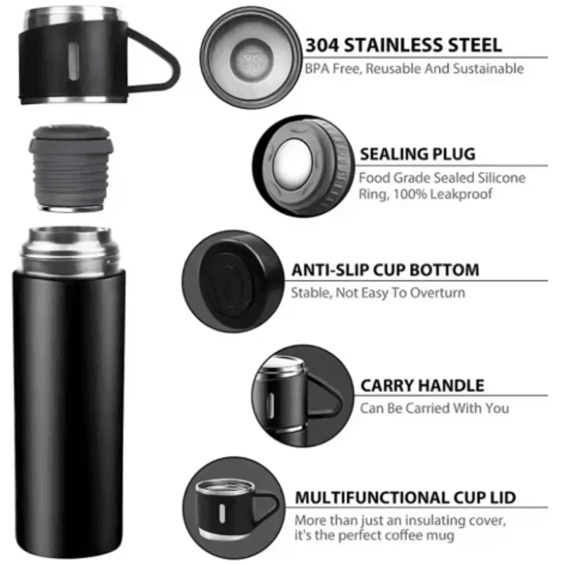 304 Stainless Steel Vacuum Insulated Water Bottle 500ml Business Style Travel Thermal Coffee Mug 5