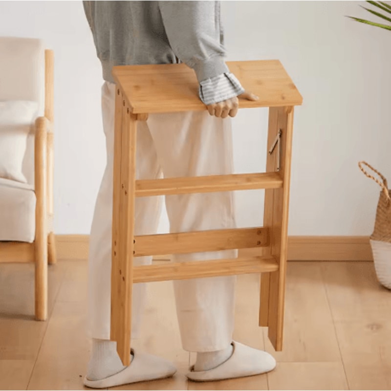 Solid Wood Folding Ladder Chair Thickened Wooden Step Stool And Folding Chair Natural Wood 4