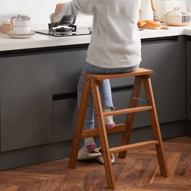 Solid Wood Folding Ladder Chair Thickened Wooden Step Stool And Folding Chair Natural Wood 0