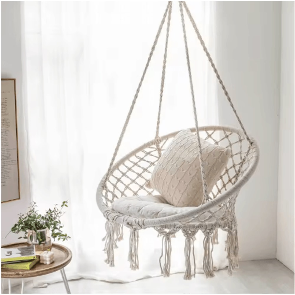 Hanging Cotton Rope Swing Chair With Cushion Indoor Hammock Chair With Hardware Kit 4