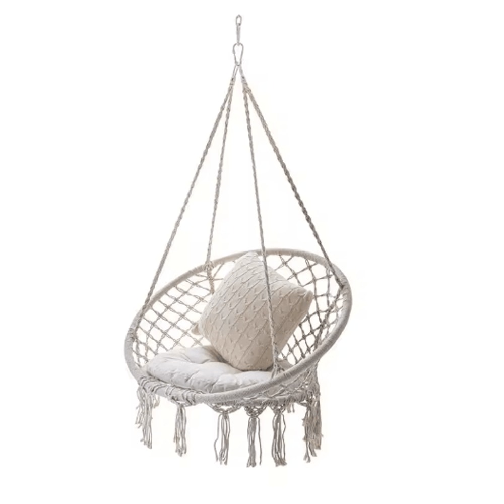 Hanging Cotton Rope Swing Chair With Cushion Indoor Hammock Chair With Hardware Kit 0
