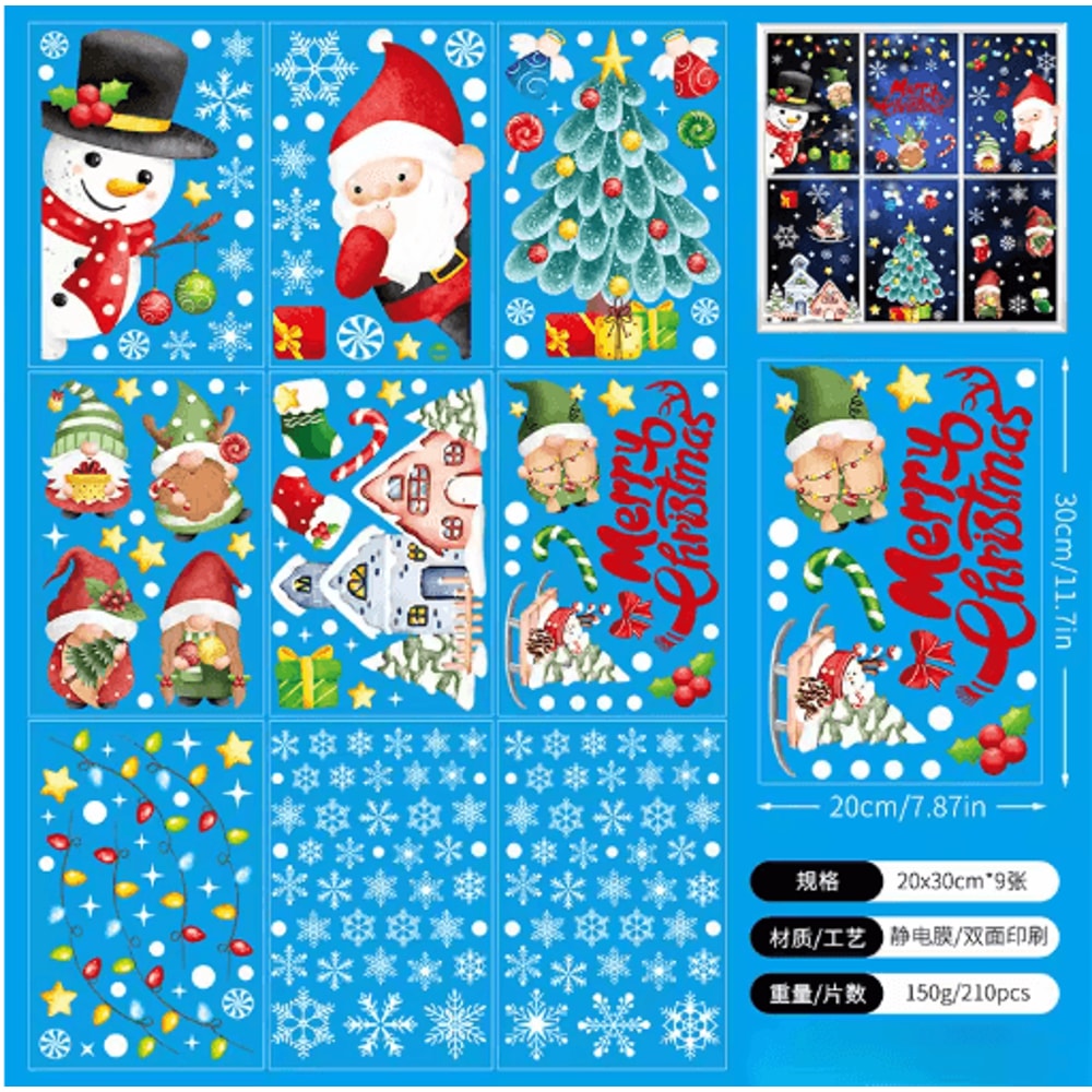 9PCS Snowflake Christmas Window Stickers Reindeer New Year Electrostatic White Holiday Decals 1