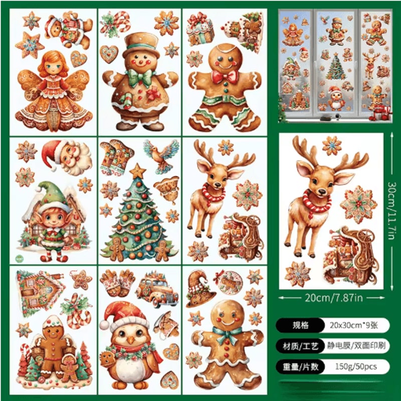 9PCS Snowflake Christmas Window Stickers Reindeer New Year Electrostatic White Holiday Decals 6