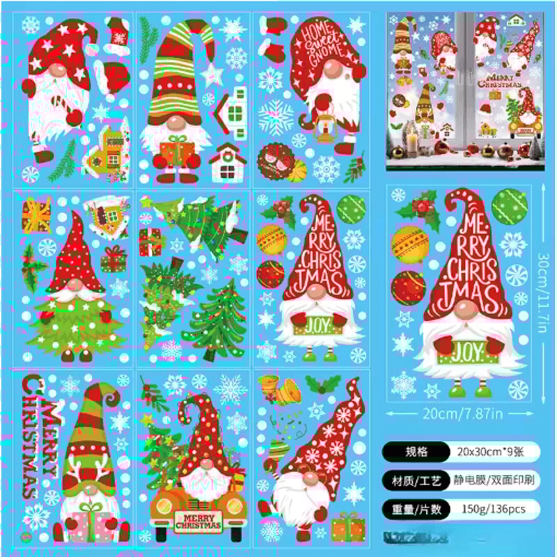 9PCS Snowflake Christmas Window Stickers Reindeer New Year Electrostatic White Holiday Decals 12