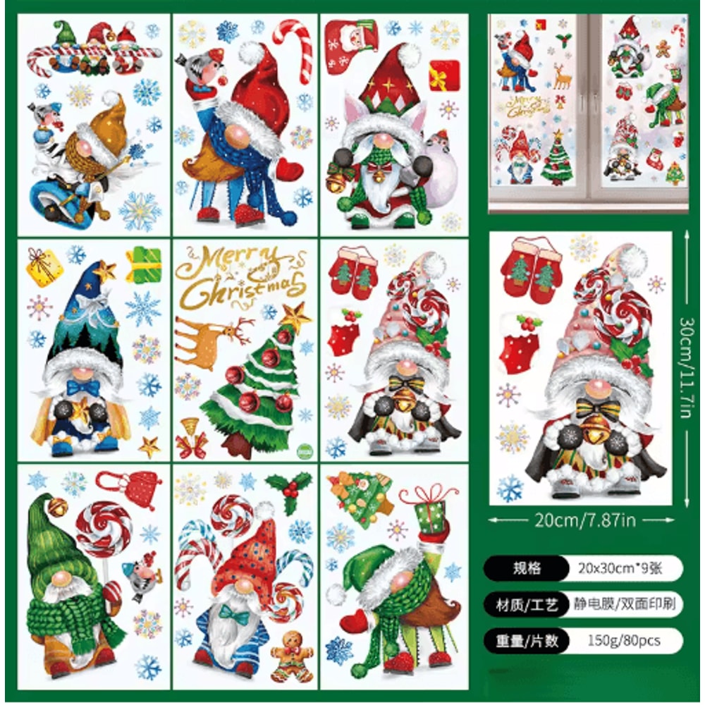 9PCS Snowflake Christmas Window Stickers Reindeer New Year Electrostatic White Holiday Decals 0