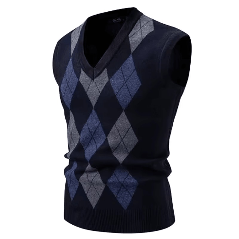 Mens Argyle Knit Vest V Neck Sleeveless Slim Fit Pullover Sweater 1
