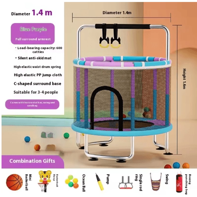 Kids Indoor Bouncy Trampoline Baby Fitness Jumper With Safety Net And Thick Steel Frame 2