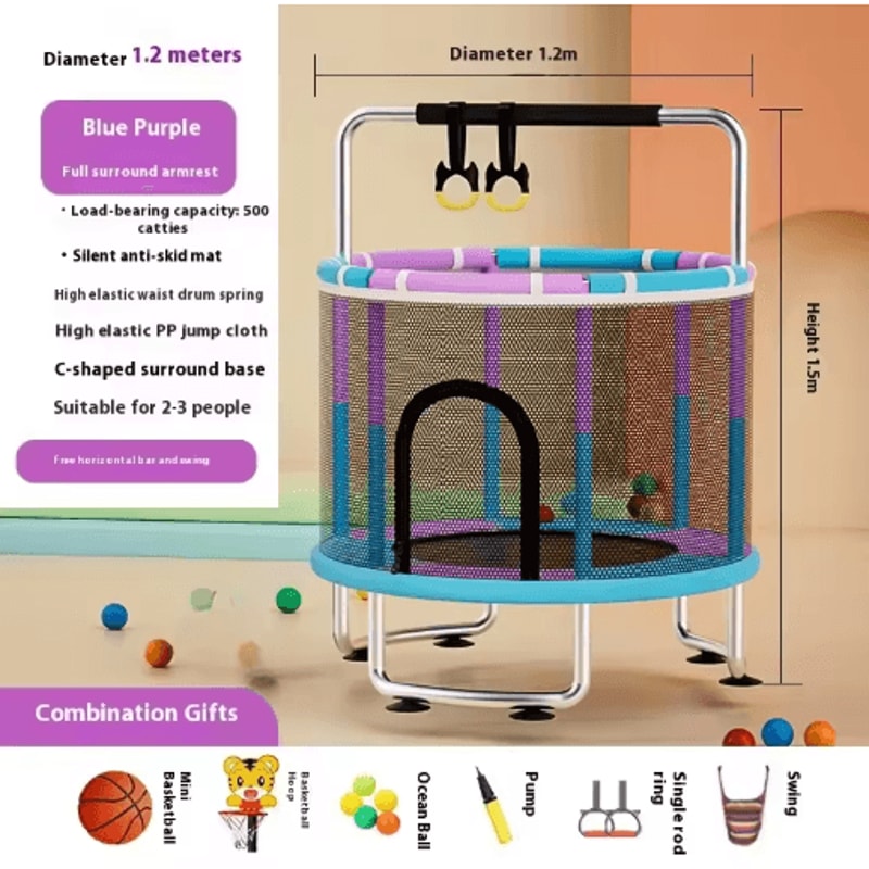 Kids Indoor Bouncy Trampoline Baby Fitness Jumper With Safety Net And Thick Steel Frame 0