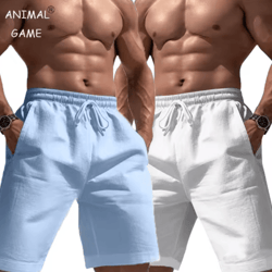 mens linen cotton elastic waist shorts lightweight summer jogging and basketball wear