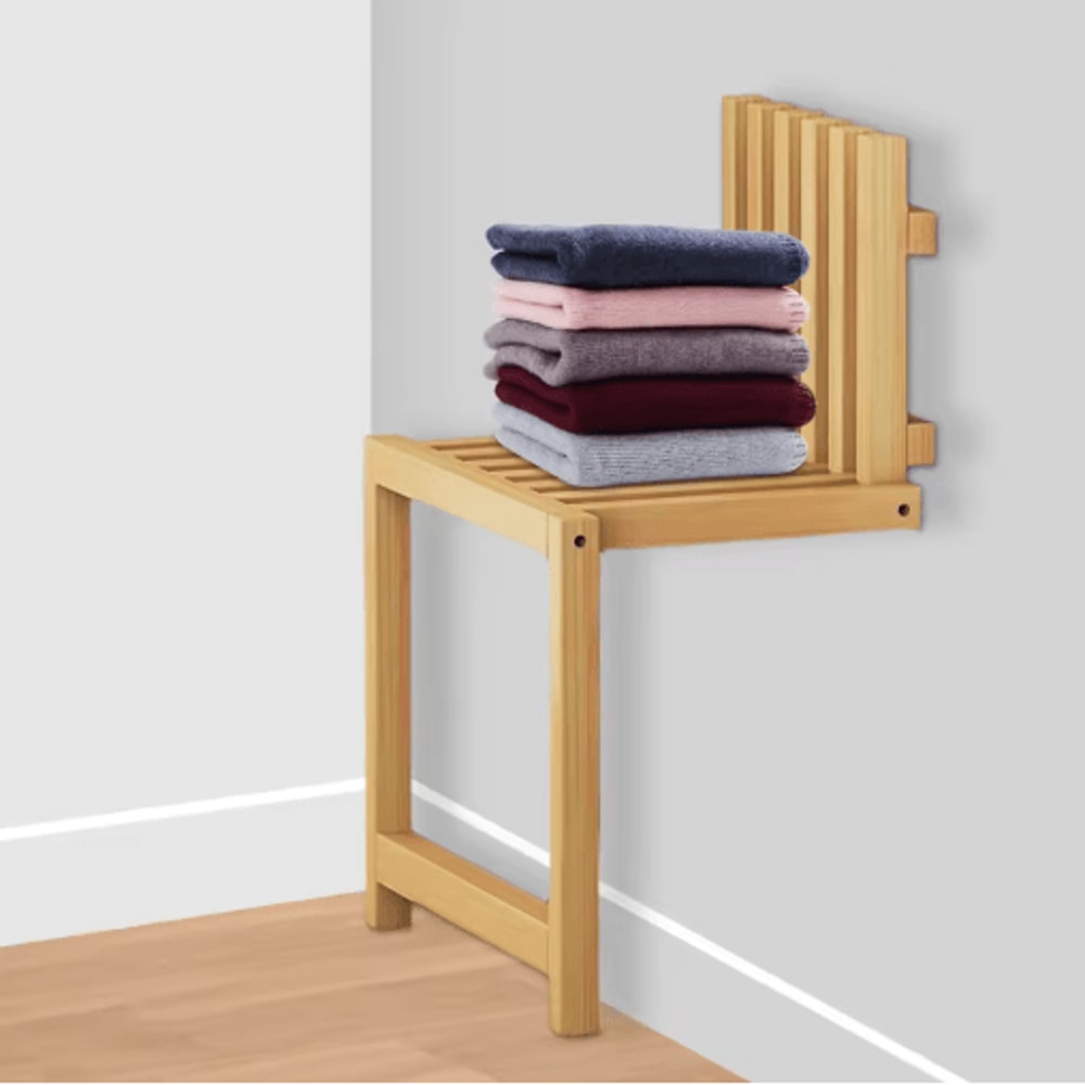 Foldable Bamboo Shoe Stool Wall Mounted Waterproof Shower Seat For Small Spaces 3